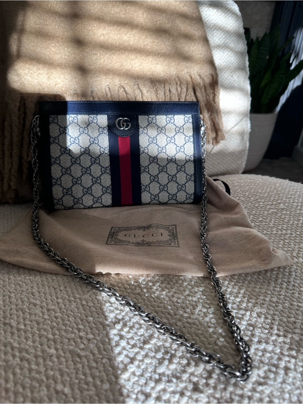 Gucci Beige GG Canvas Crossbody with Red and Blue Stripe